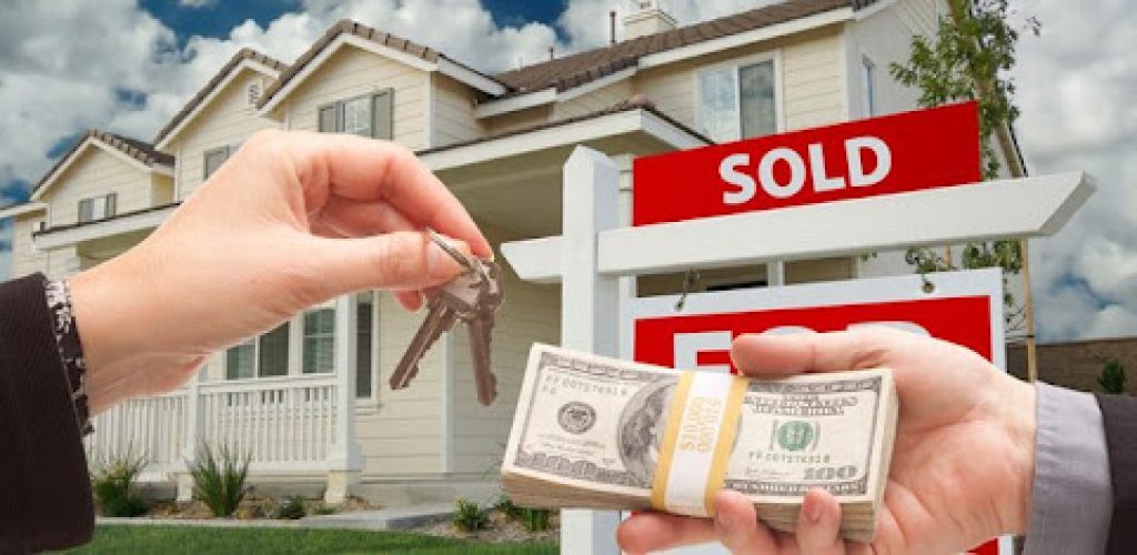 Beautiful large white house for sale with keys and cash in hand, selling your home